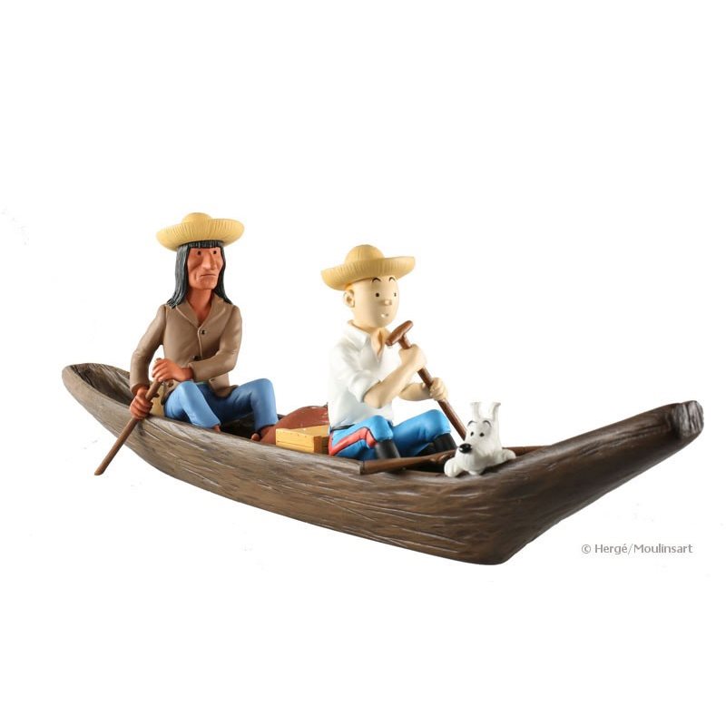 Figurine resin Tintin and Snowy Piroge canoe