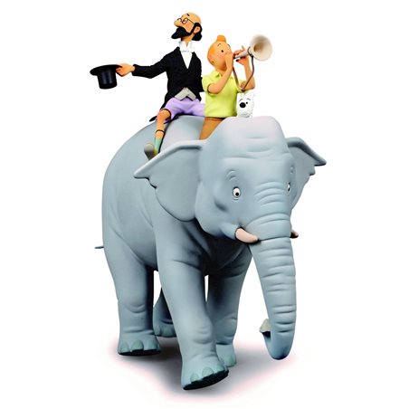 Tintin Statue Resin Fariboles: Tintin, Snowy and Professor Siclone on the elephant (Moulinsart 44025)