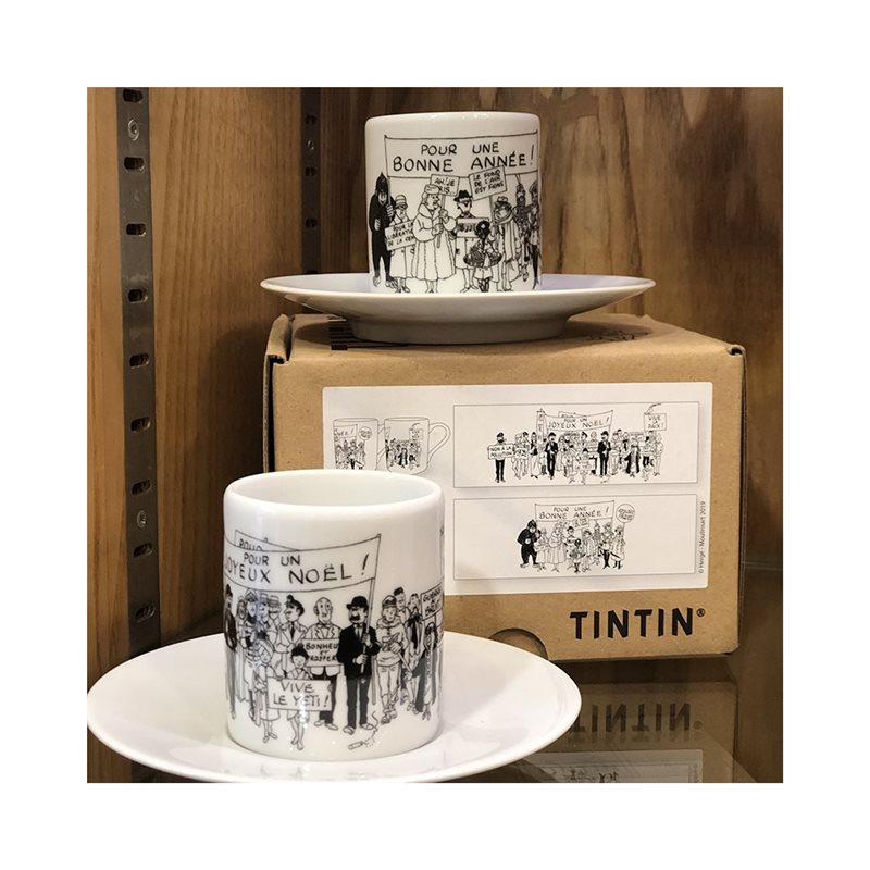 Tim und Struppi Tasse: Porzellan Espresso Set mit zwei Tassen und Untersetzer Carte de Voeux 1972 (Moulinsart 47982)