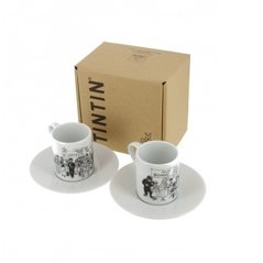Tim und Struppi Tasse: Porzellan Espresso Set mit zwei Tassen und Untersetzer Carte de Voeux 1972 (Moulinsart 47982)