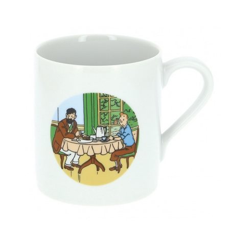 Tintin Mugs: Porcelain mug Tintin and Captain Haddock breakfast at Moulinsart Castle (Moulinsart 47984)