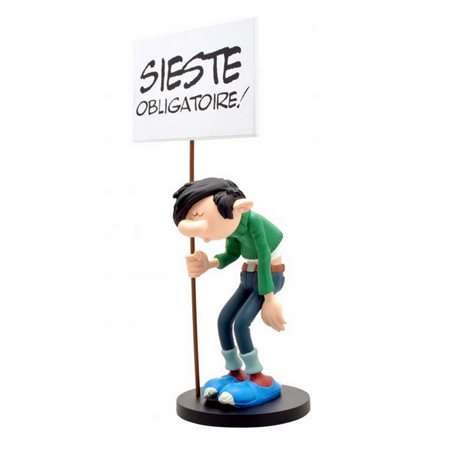 Gaston Lagaffe Statue Resin: Gaston holding sign "Sieste Obligatoire!" (Plastoy 314)