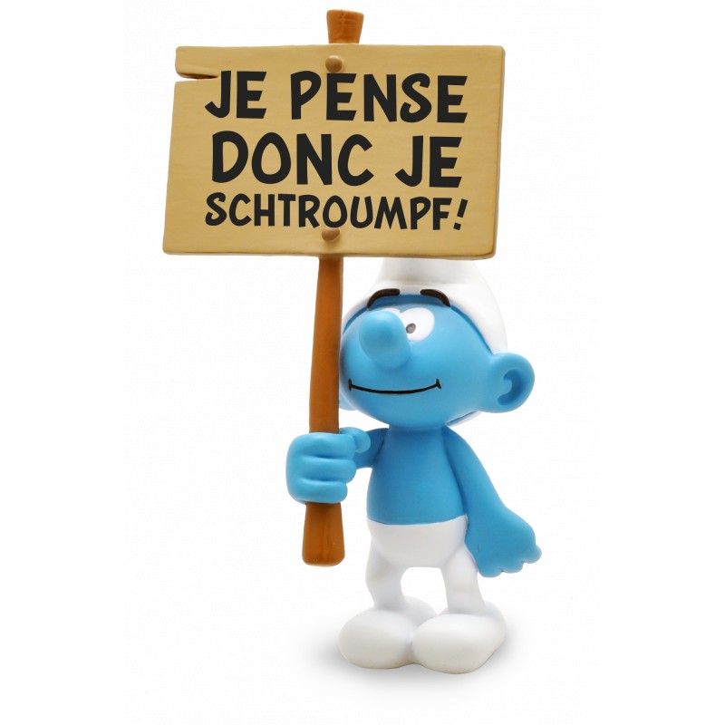 Smurf Statue Resin: Smurf with sign "Je pense donc je schtroumpf" (Plastoy 150) 