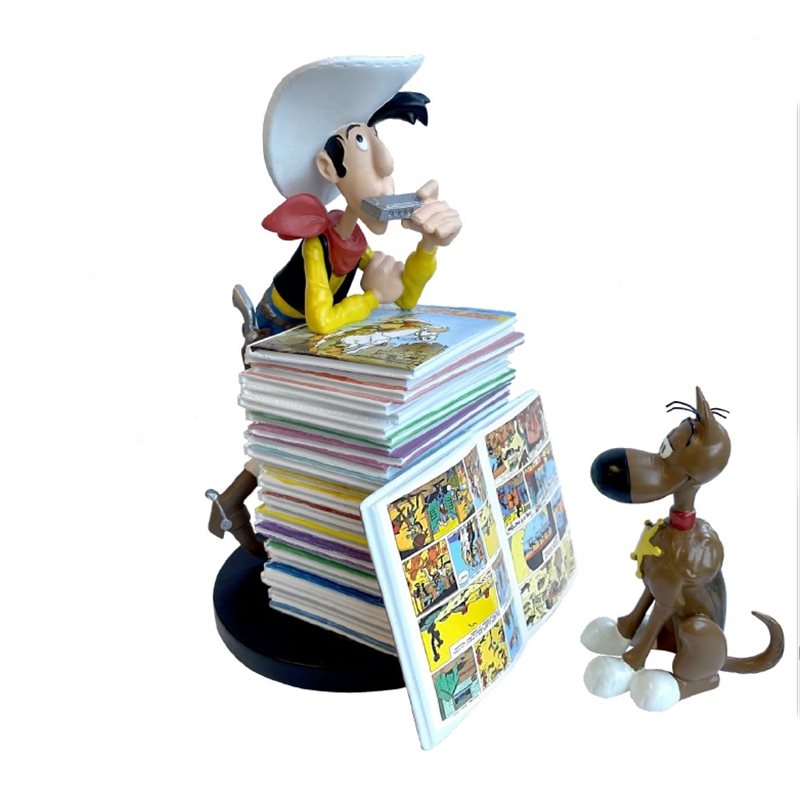 Lucky Luke Statue Resin: Luke & Rantanplan with a stack of comics (Platoy 0391)